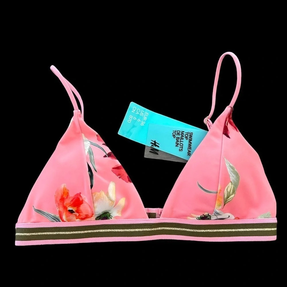 NWT H&M size 6 Pink Floral Triangle Bikini Swim Top adjustable padded Metallic